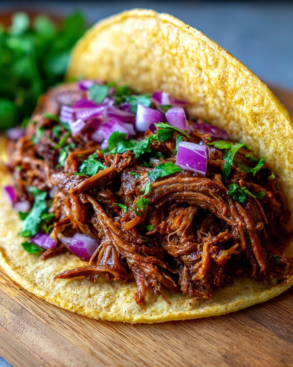 Close-up of a delicious crock pot shredded beef taco topped with red onion and cilantro.