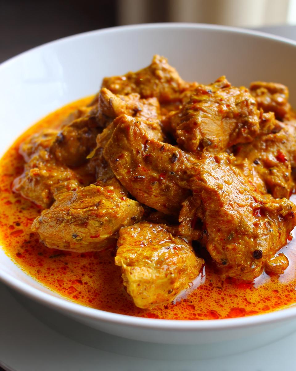 Close-up of tender chicken pieces coated in a rich, creamy orange sauce in a white bowl, showcasing the crockpot butter chicken.