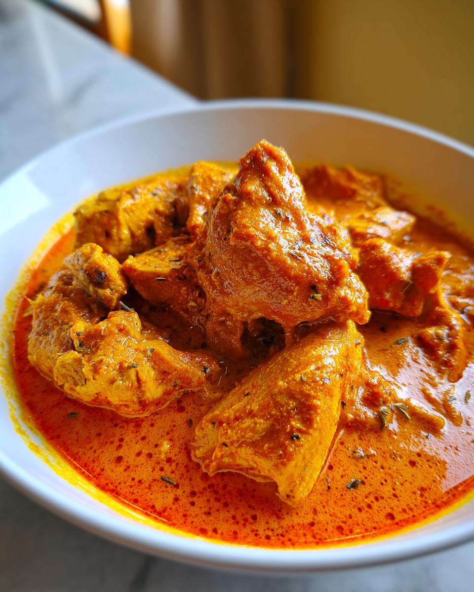 A close-up of tender pieces of crockpot butter chicken in a rich, creamy orange sauce.