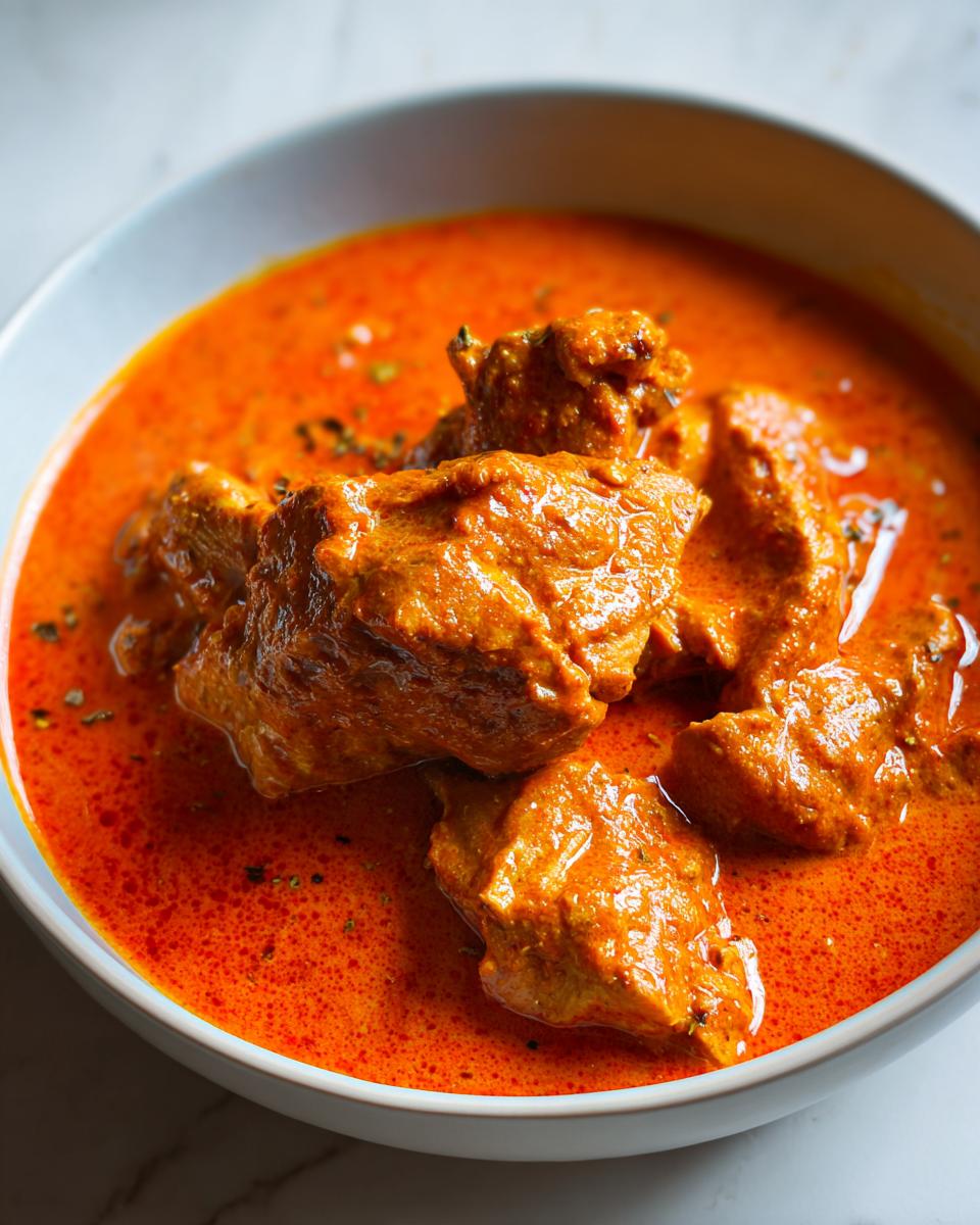 A close-up shot of tender pieces of crockpot butter chicken in a rich, creamy orange sauce.