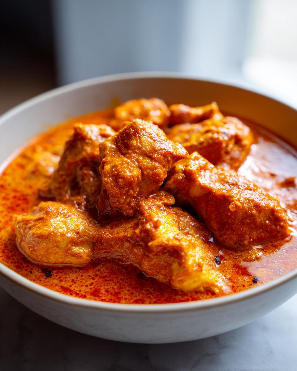 A close-up of tender chicken pieces coated in a rich, creamy orange sauce in a bowl of crockpot butter chicken.