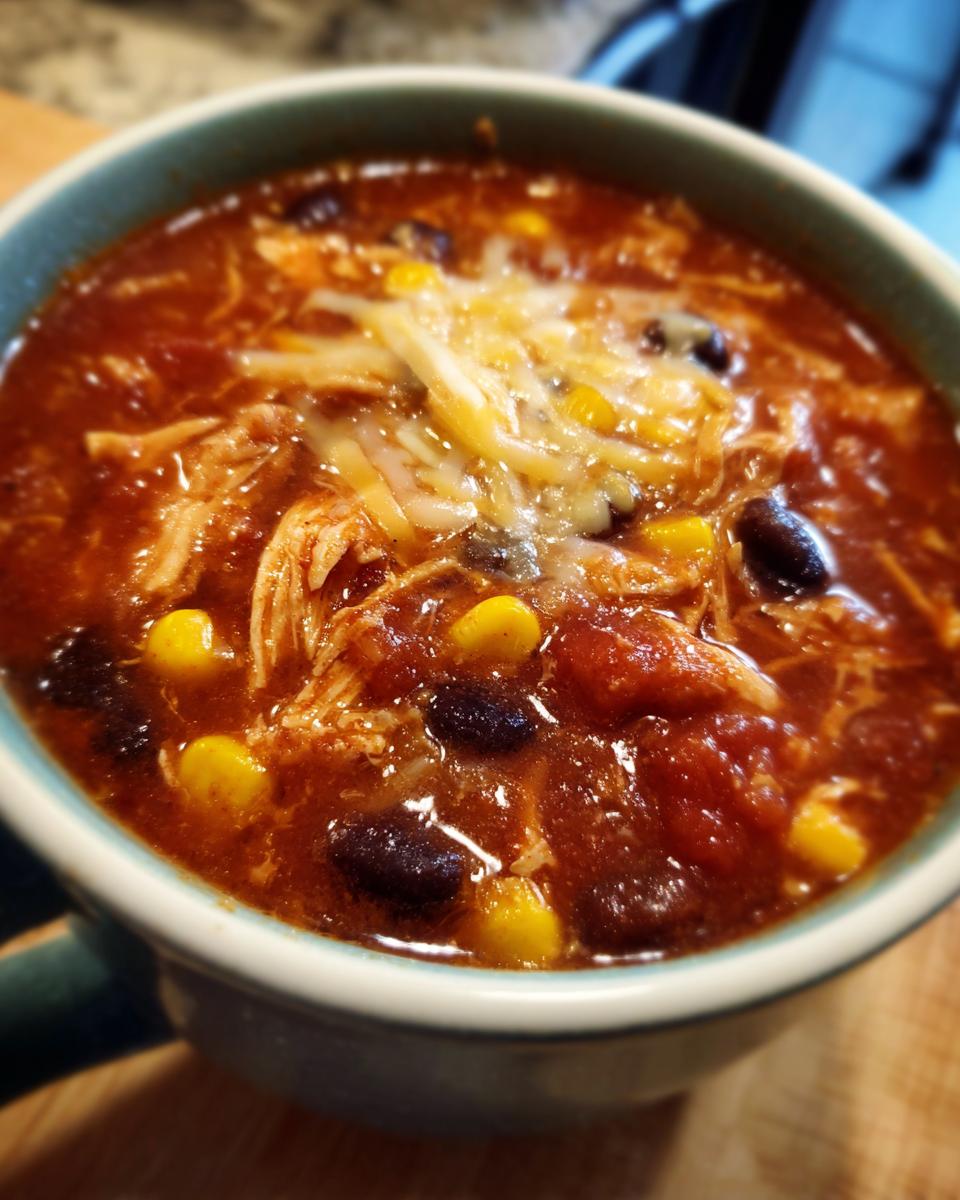 A close-up of a bowl of Crockpot Chicken Enchilada Soup topped with melted cheese, black beans, and corn.