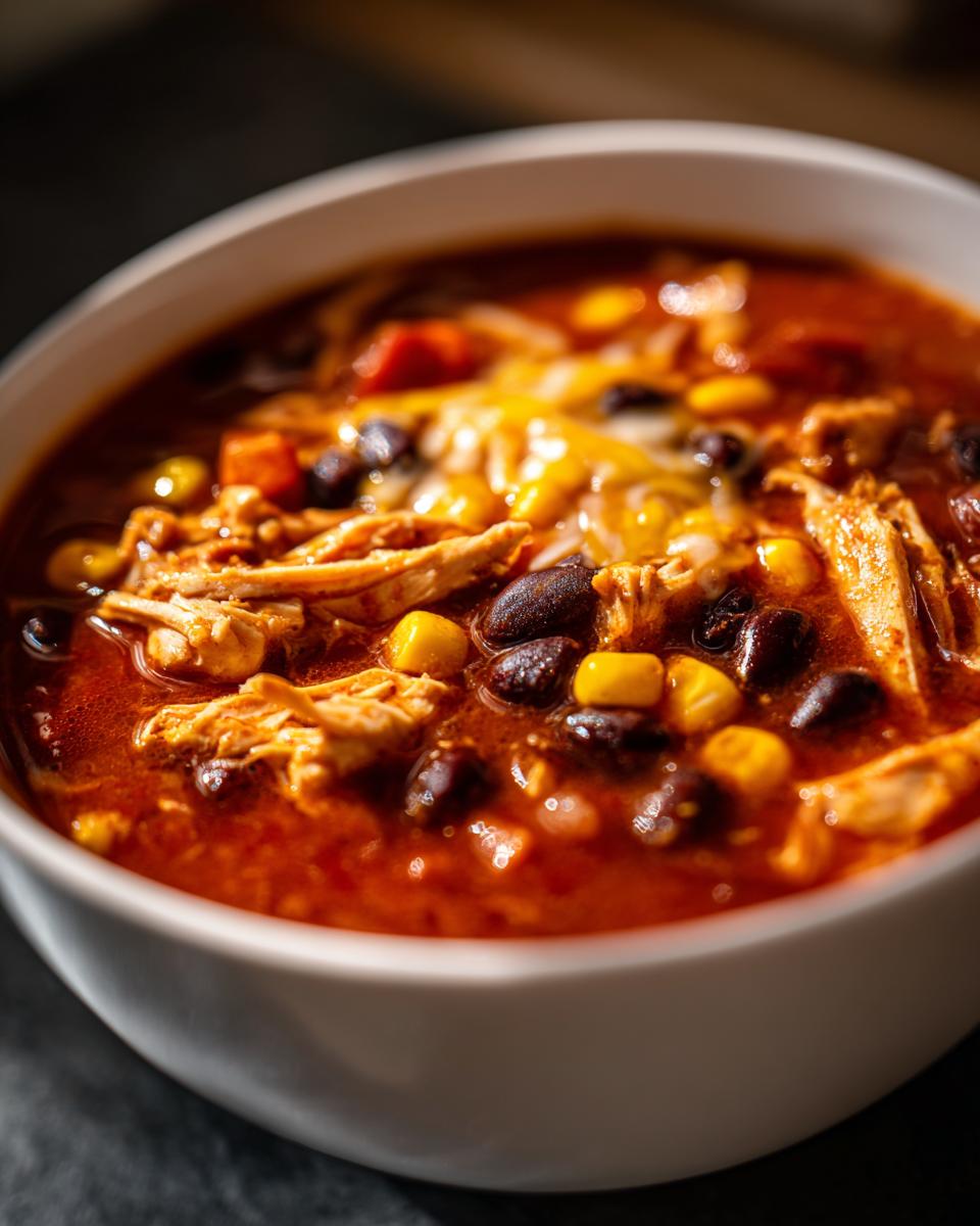 A close-up of a white bowl filled with Crockpot Chicken Enchilada Soup, featuring shredded chicken, black beans, corn, and melted cheese.