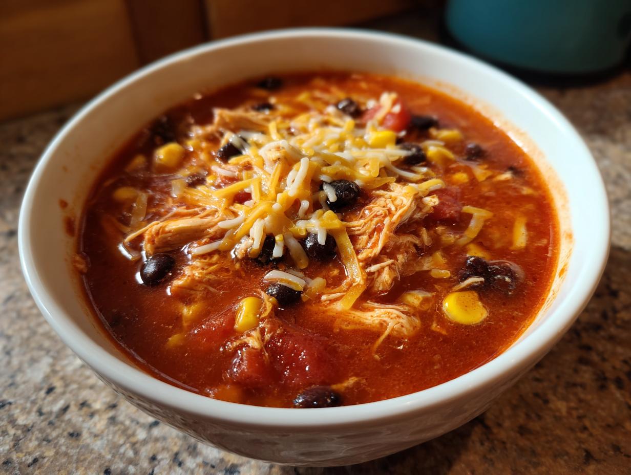 A close-up of a white bowl filled with hearty Crockpot Chicken Enchilada Soup, topped with shredded cheese, black beans, and corn.