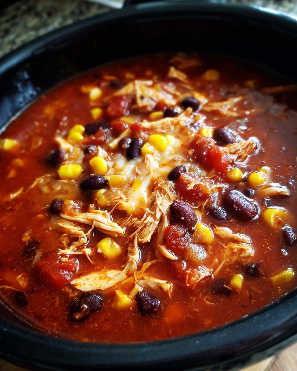 Close-up of Crockpot Chicken Enchilada Soup with shredded chicken, black beans, corn, and melted cheese.