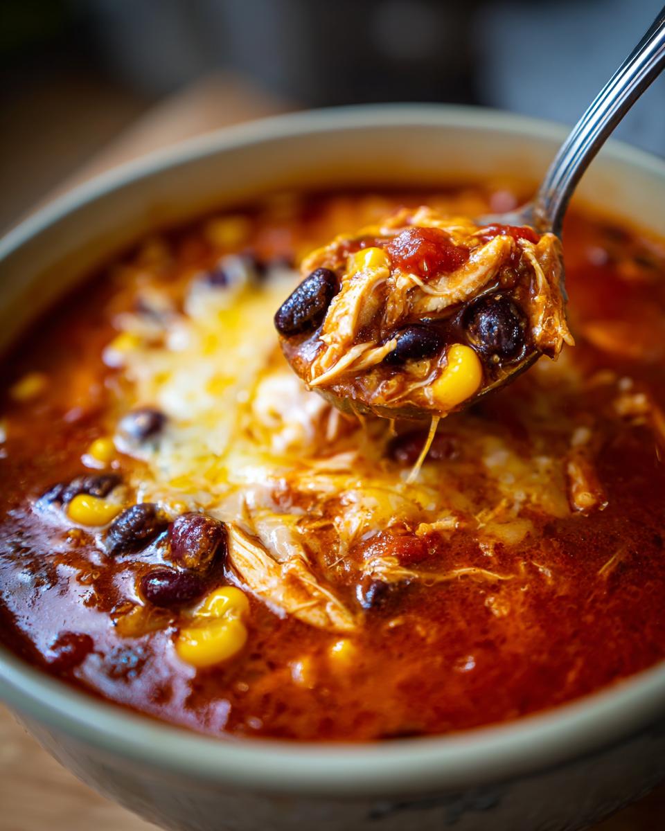 A spoonful of Crockpot Chicken Enchilada Soup overflowing with shredded chicken, black beans, corn, and melted cheese.