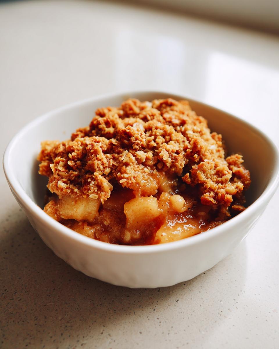 A close-up of a warm bowl of apple crumble, featuring tender baked apples topped with a golden, crumbly topping.