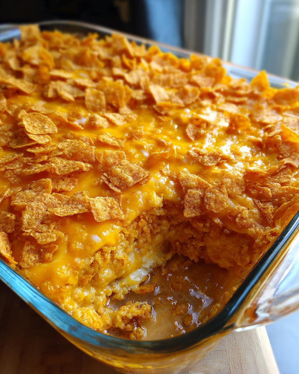 Close-up of a freshly baked Dorito Casserole in a glass dish, topped with melted cheese and crushed Doritos.
