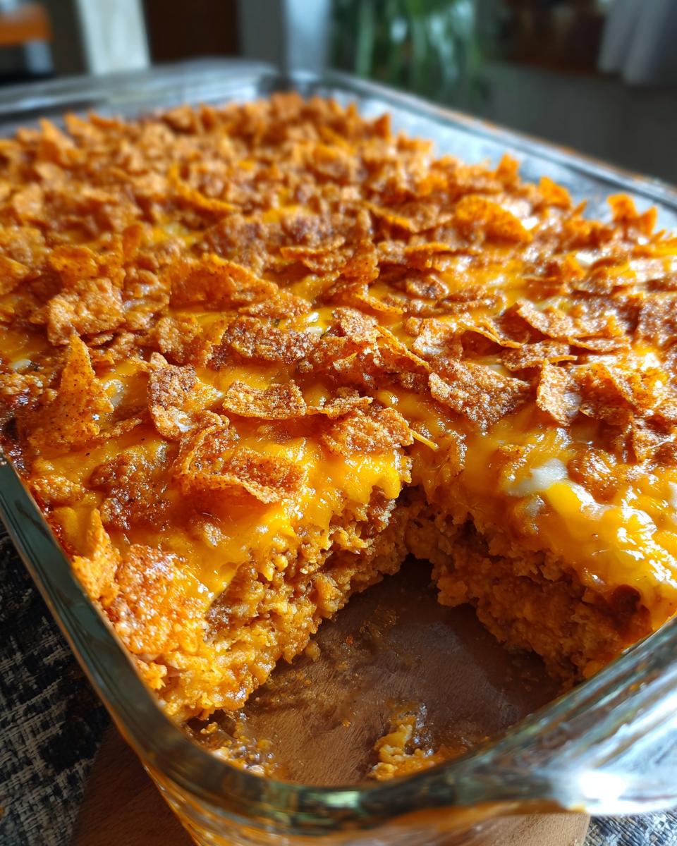Close-up of a freshly baked Dorito Casserole in a glass baking dish, topped with melted cheese and crushed Doritos.