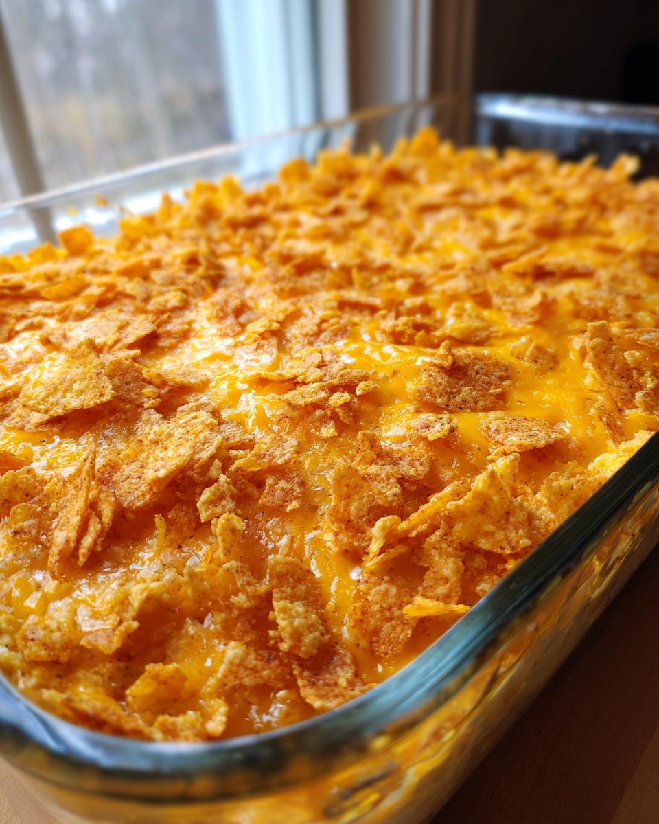 Close-up of a freshly baked Dorito Casserole in a glass baking dish, topped with melted cheese and crushed Doritos.