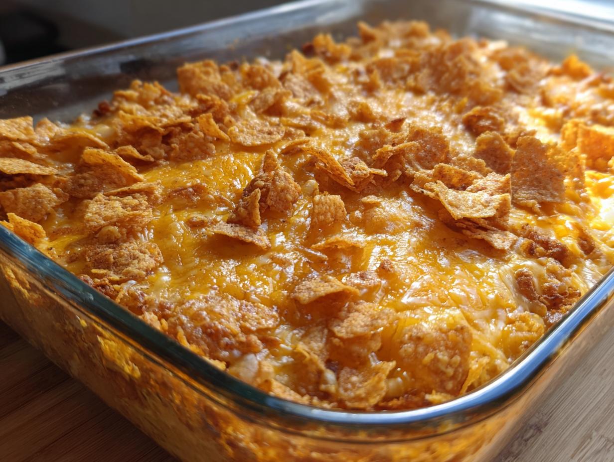 Close-up of a bubbling Dorito Casserole in a glass baking dish, topped with melted cheese and crushed Doritos.