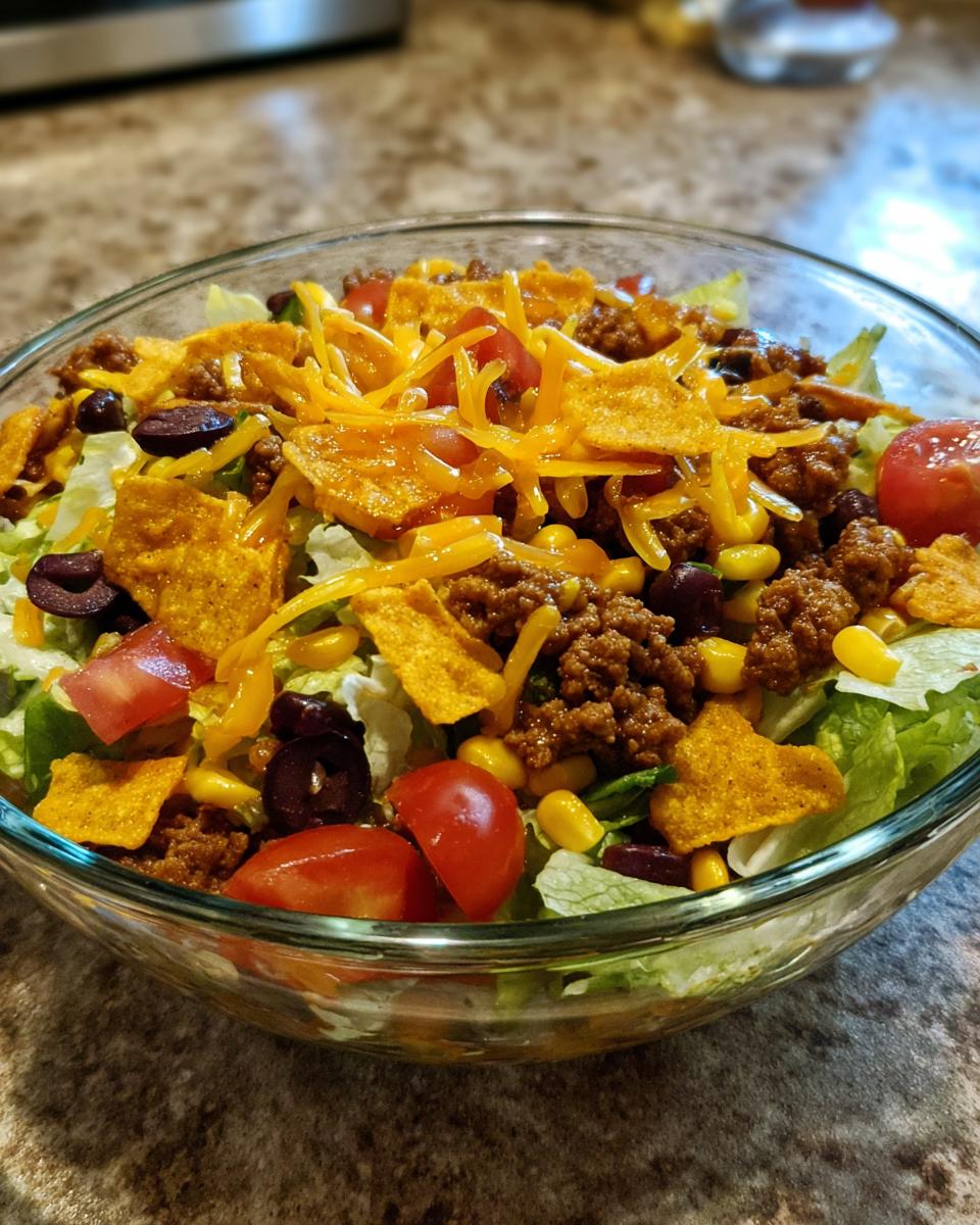 A close-up of a glass bowl filled with Dorito Taco Salad, featuring lettuce, ground beef, beans, corn, tomatoes, cheese, and crushed Doritos.