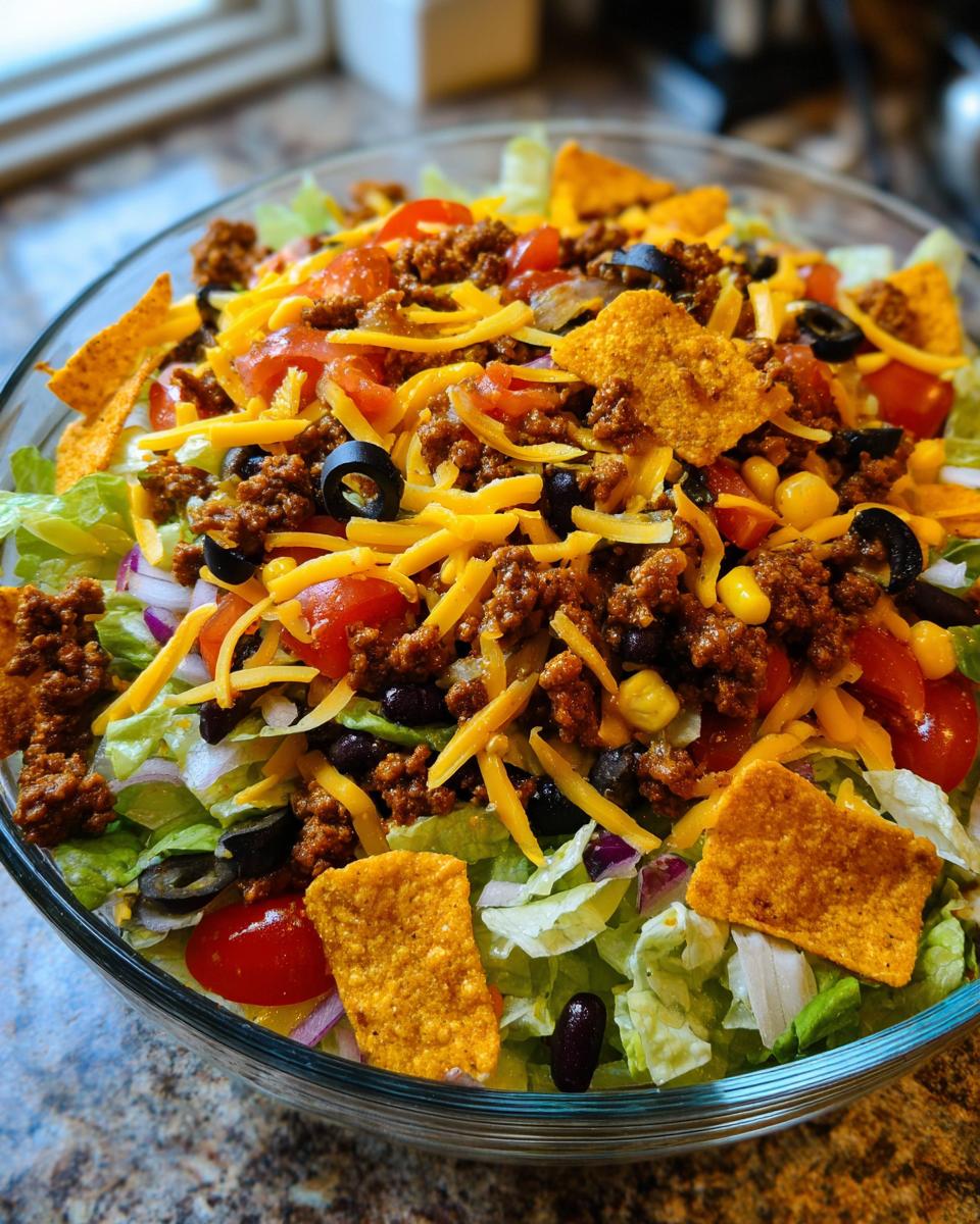 A close-up of a large glass bowl filled with Dorito Taco Salad, featuring lettuce, seasoned ground beef, cheese, tomatoes, olives, and Doritos.