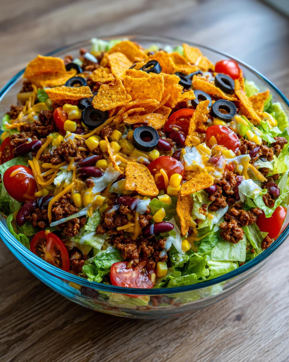 A vibrant and colorful Dorito Taco Salad in a glass bowl, featuring lettuce, ground beef, corn, beans, tomatoes, olives, cheese, and crushed Doritos.