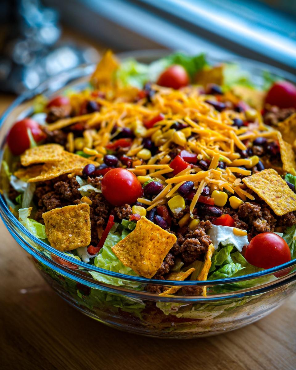 A close-up of a large glass bowl filled with Dorito Taco Salad, featuring ground beef, beans, corn, tomatoes, and shredded cheese.