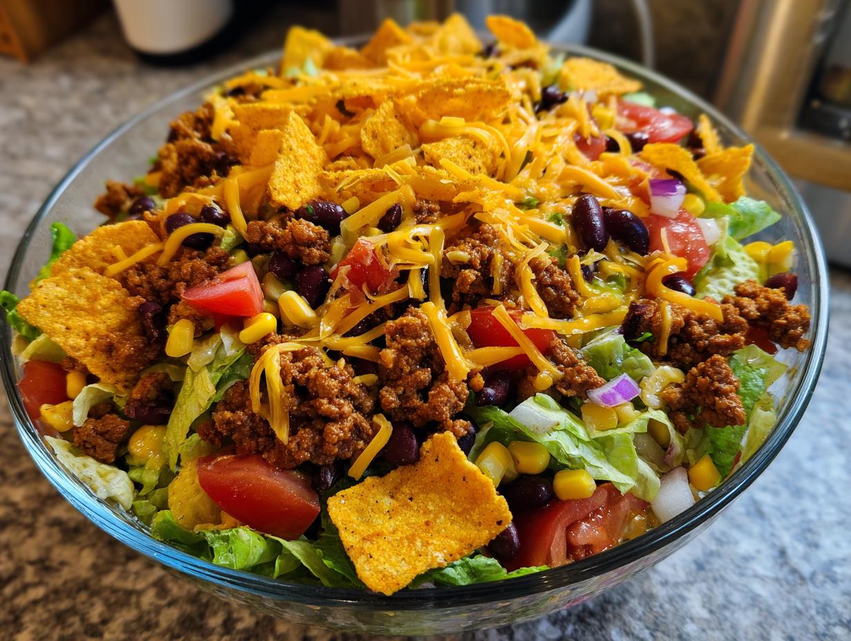 A large glass bowl filled with Dorito Taco Salad, featuring lettuce, seasoned ground beef, black beans, corn, tomatoes, and crushed Doritos.