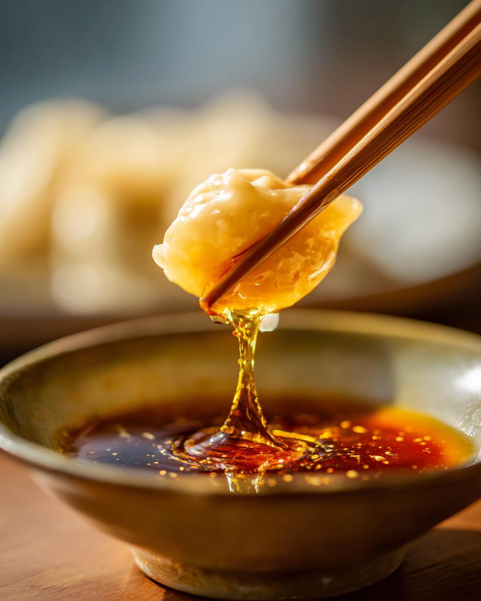 A dumpling is dipped into a bowl of rich, savory dumpling sauce, with a stream of sauce dripping from the dumpling.
