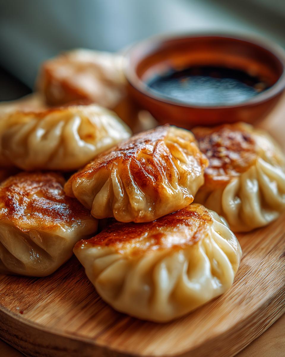 Close-up of golden-brown pan-fried dumplings served with a small bowl of dark dumpling sauce.