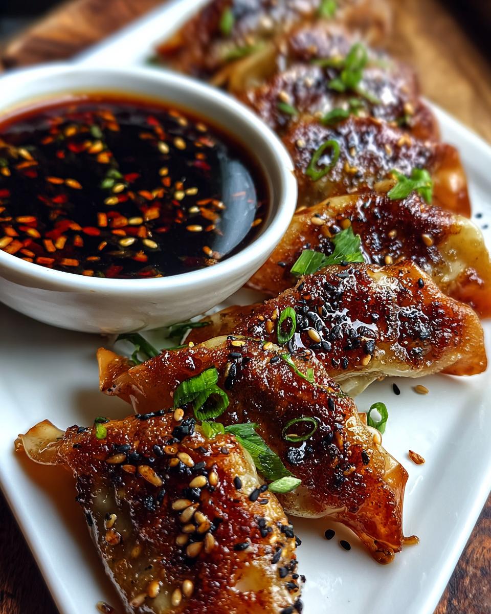 Close-up of pan-fried dumplings served with a bowl of flavorful Dumpling Sauce, garnished with sesame seeds and green onions.