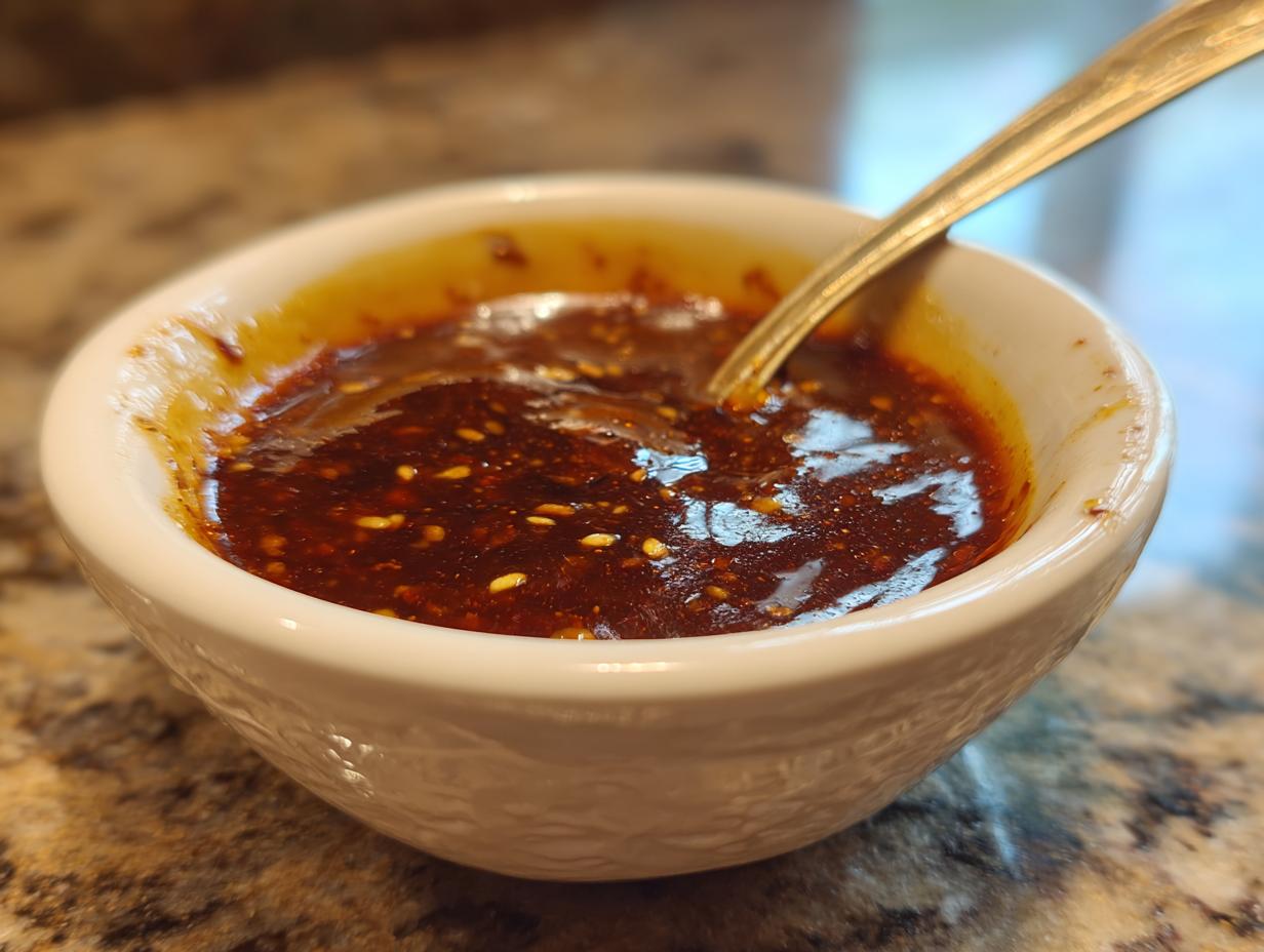 A close-up of a white bowl filled with rich, dark Dumpling Sauce, speckled with sesame seeds, and a spoon resting inside.
