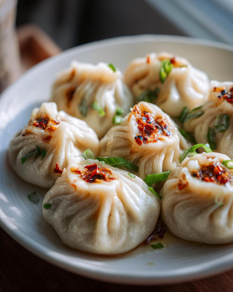 Close-up of steamed dumplings topped with chili flakes and green onions, ready for Dumpling Sauce.
