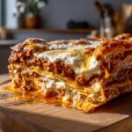 A close-up of a delicious slice of easy lasagna with ricotta, showing layers of pasta, meat sauce, and creamy ricotta cheese.