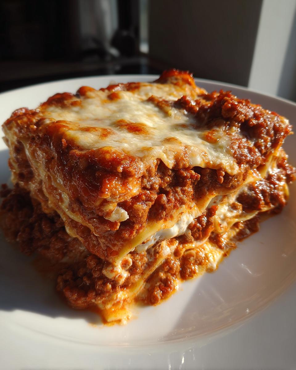 A close-up, angled view of a hearty slice of easy lasagna with ricotta, showcasing layers of pasta, rich meat sauce, and melted cheese.
