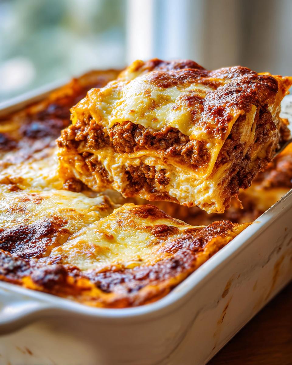 A slice of easy lasagna with ricotta being lifted from a baking dish, showing layers of pasta, meat sauce, and cheese.