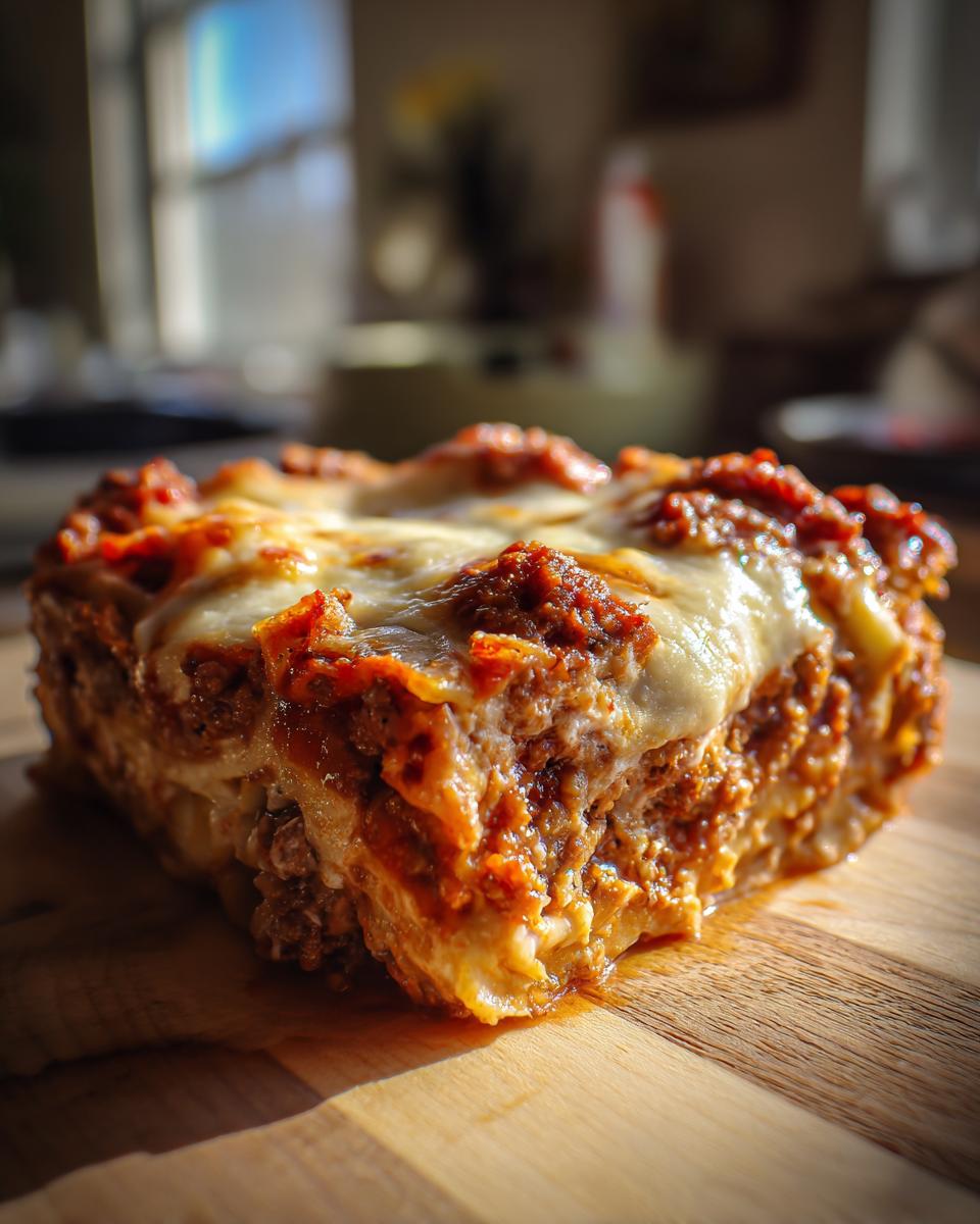A close-up of a delicious slice of easy lasagna with ricotta, showing layers of pasta, meat sauce, and melted cheese.