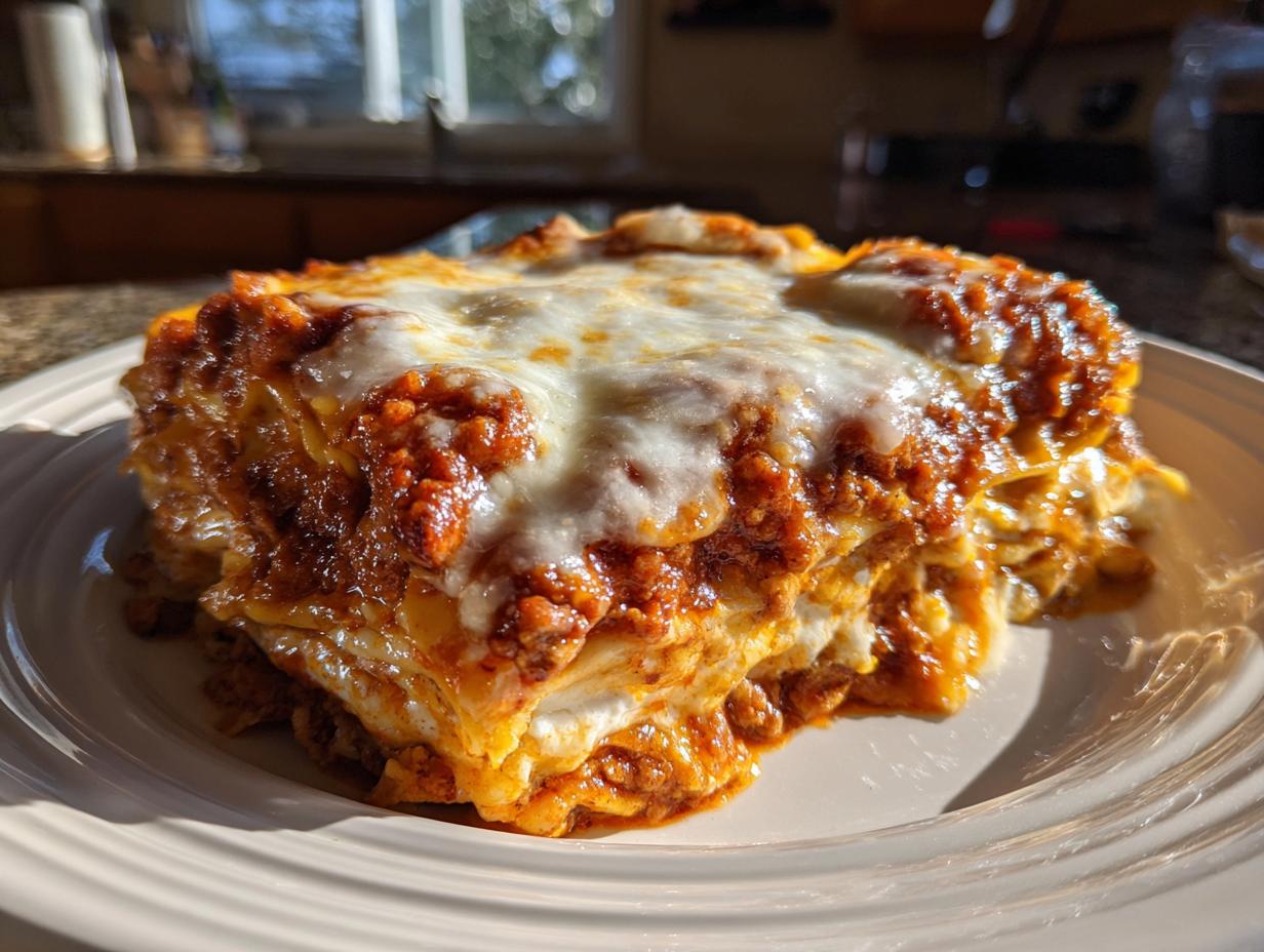 A delicious slice of easy lasagna with ricotta, featuring layers of pasta, meat sauce, and melted cheese.