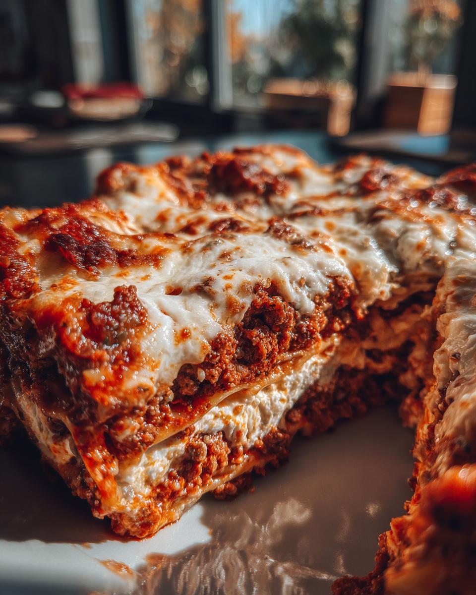 Close-up of a delicious slice of easy lasagna with ricotta, showing layers of pasta, meat sauce, and creamy ricotta cheese.