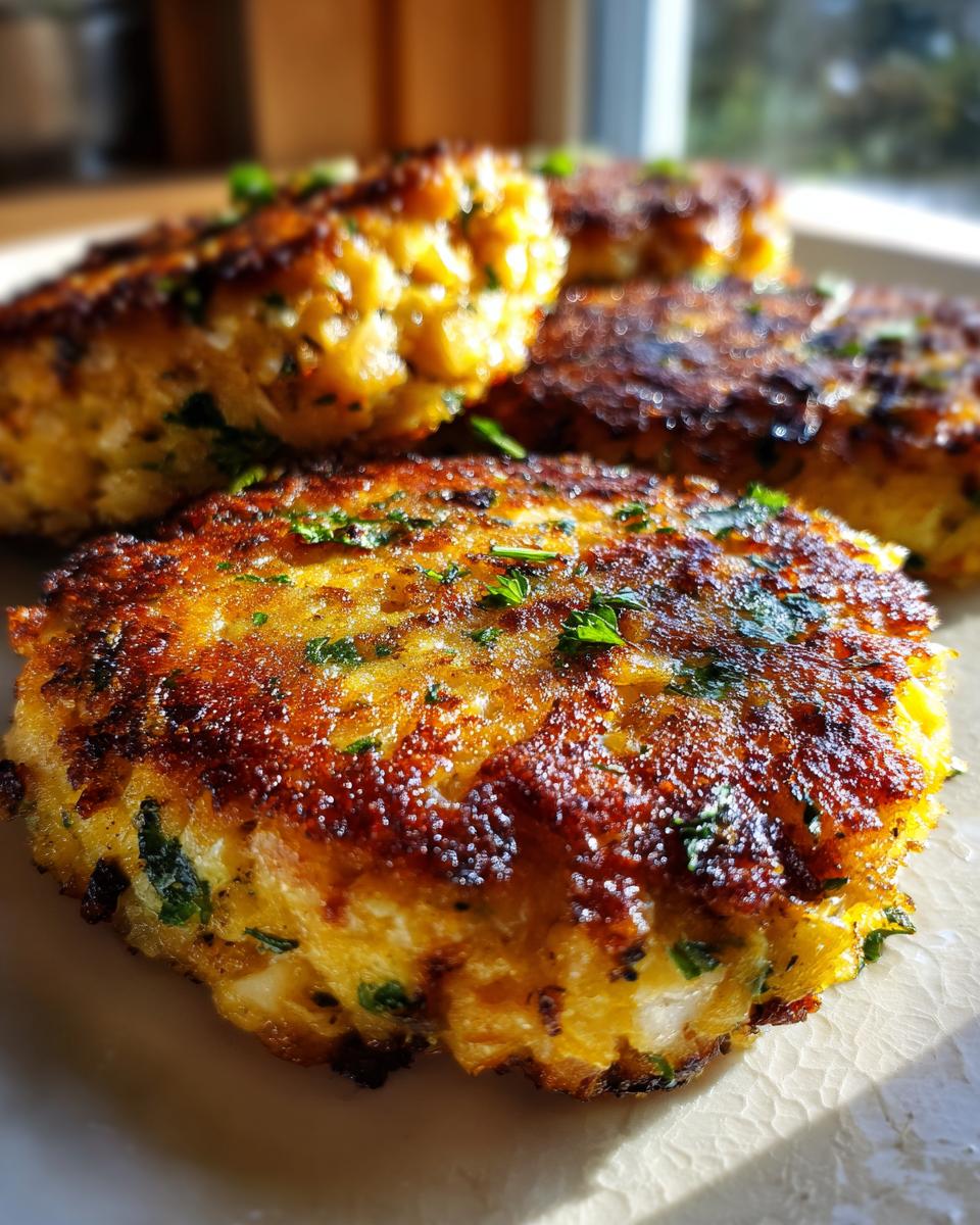 Close-up of golden brown tuna patties, seasoned with herbs and parsley, on a plate.