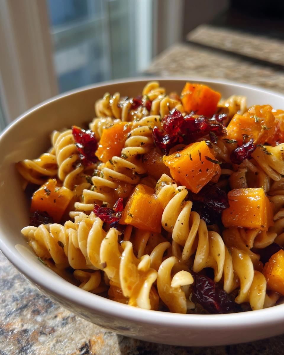 Close-up of a bowl of fall pasta salad featuring fusilli pasta, diced butternut squash, and dried cranberries.