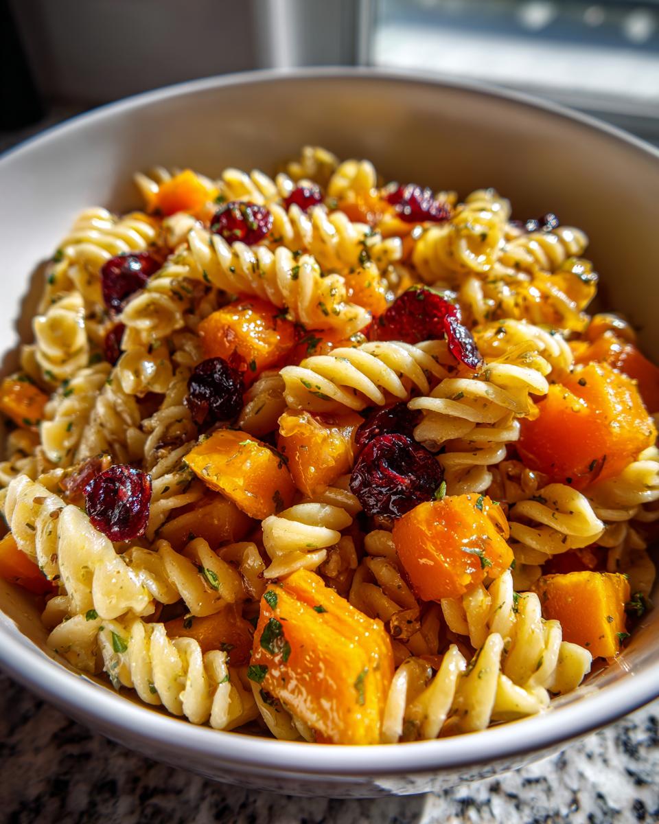 Close-up of a bowl of fall pasta salad featuring rotini pasta, roasted butternut squash cubes, and dried cranberries.