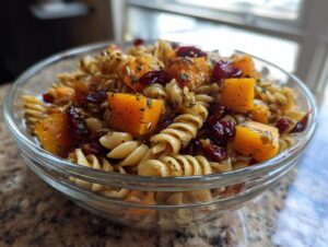 Close-up of a glass bowl filled with fall pasta salad, featuring fusilli pasta, cubed butternut squash, and dried cranberries.