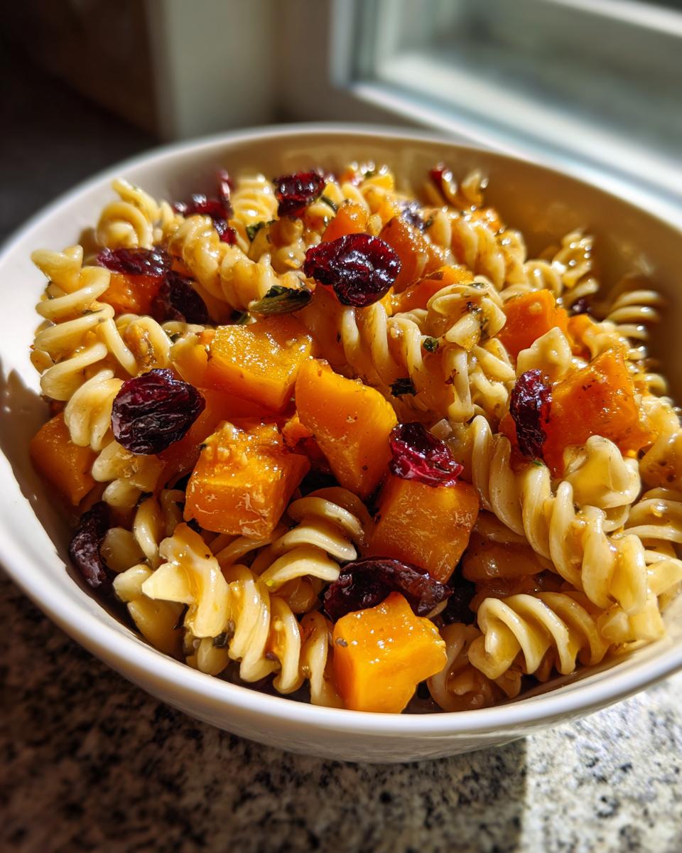 A close-up of a bowl of fall pasta salad featuring rotini pasta, cubed butternut squash, and dried cranberries.