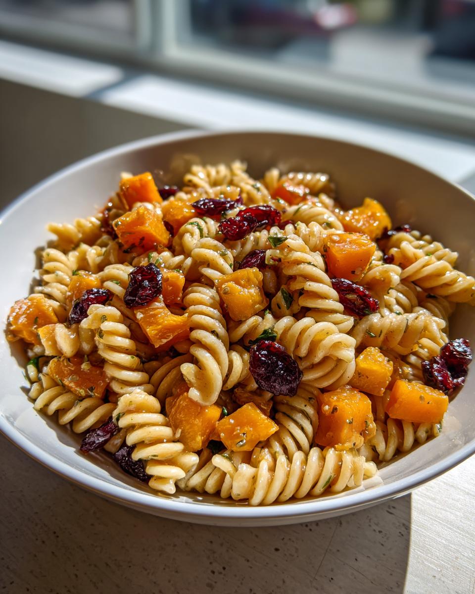 A close-up of a bowl of fall pasta salad featuring rotini pasta, diced butternut squash, and dried cranberries.