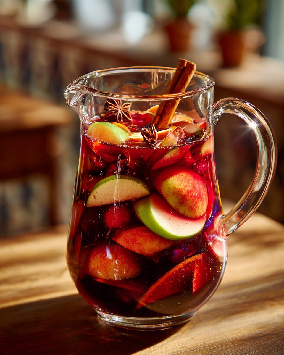 A clear pitcher filled with vibrant red fall sangria, featuring sliced apples, cinnamon sticks, and star anise.