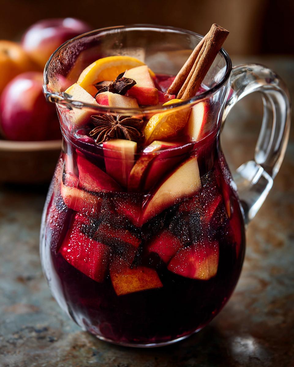 A pitcher filled with refreshing fall sangria, packed with apples, oranges, cinnamon sticks, and star anise.