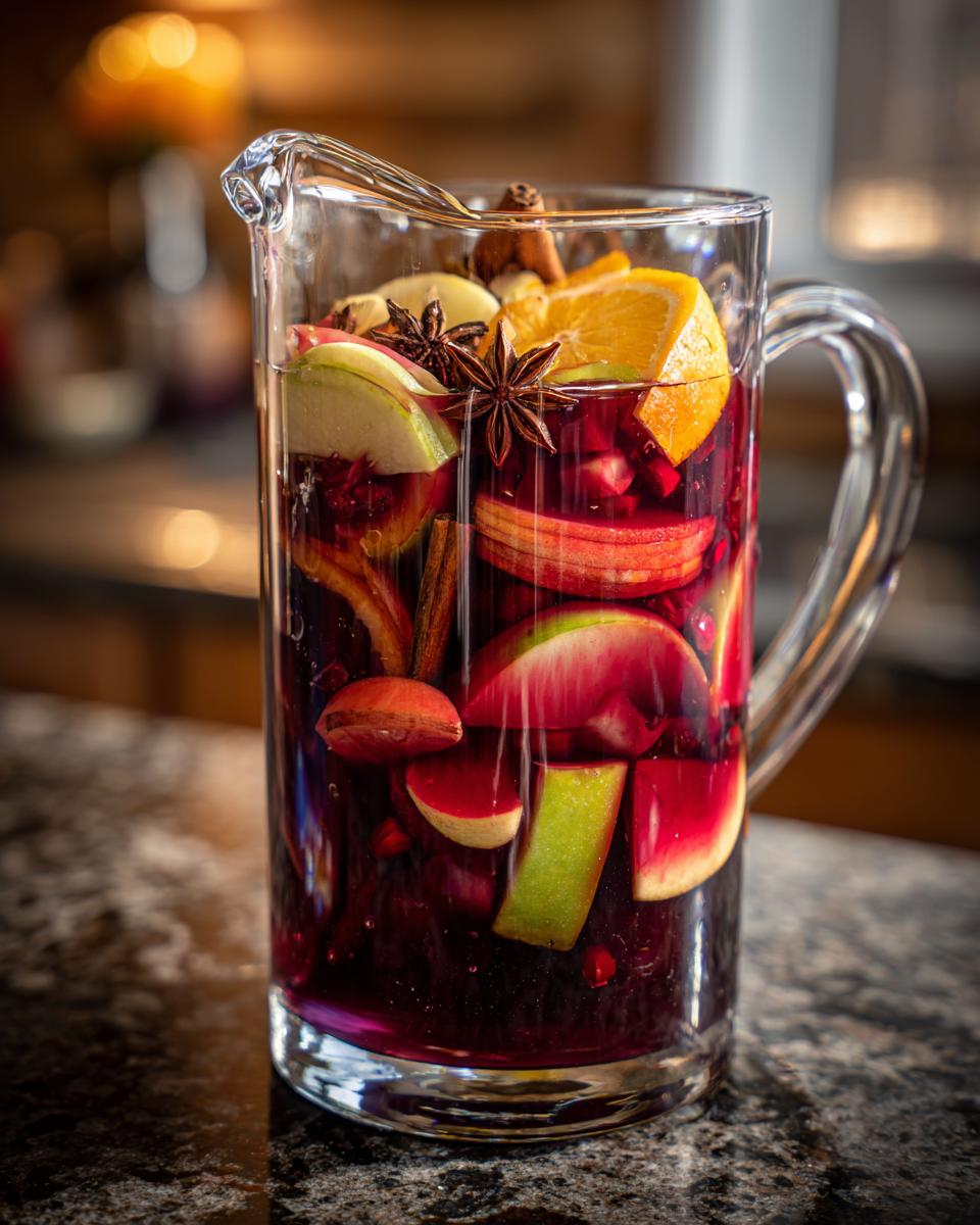 A clear pitcher filled with vibrant red fall sangria, packed with sliced apples, oranges, cinnamon sticks, and star anise.