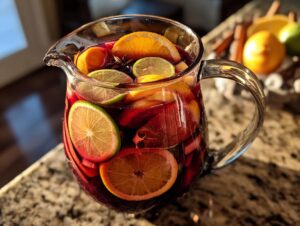 A pitcher filled with vibrant fall sangria, featuring slices of oranges, limes, and star anise.