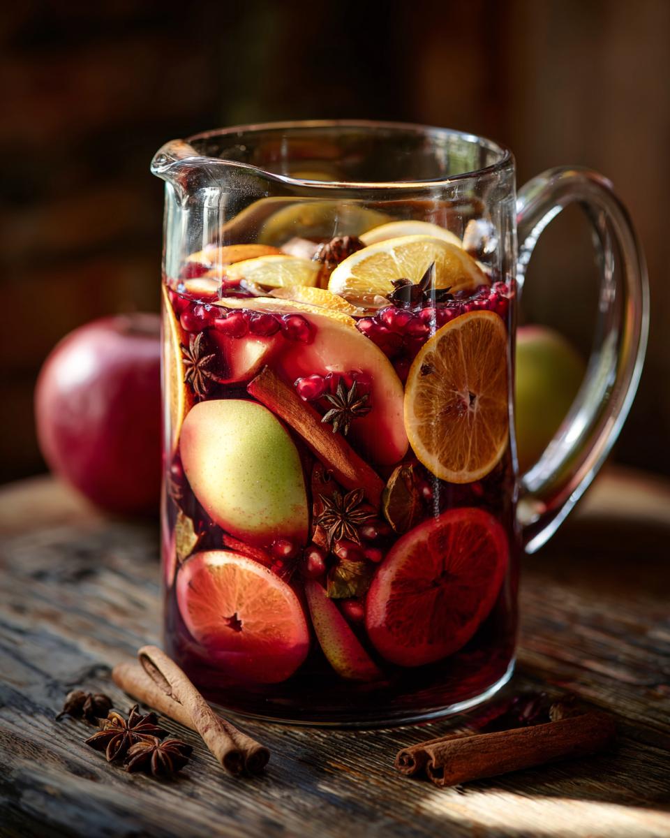 A pitcher filled with vibrant fall sangria, featuring slices of oranges, apples, blood oranges, pomegranate seeds, cinnamon sticks, and star anise.