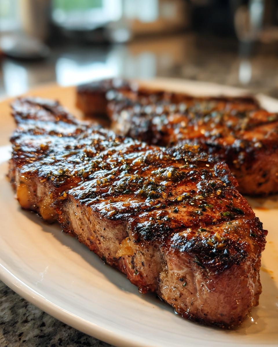 Close-up of perfectly grilled pork chops coated in a flavorful marinade, ready to serve.