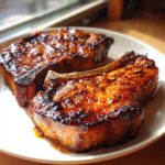 Close-up of two juicy pork chops coated in a glossy marinade, ready to be served.