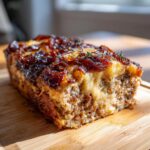 A close-up of a slice of French onion meatloaf, topped with melted cheese and caramelized onions.