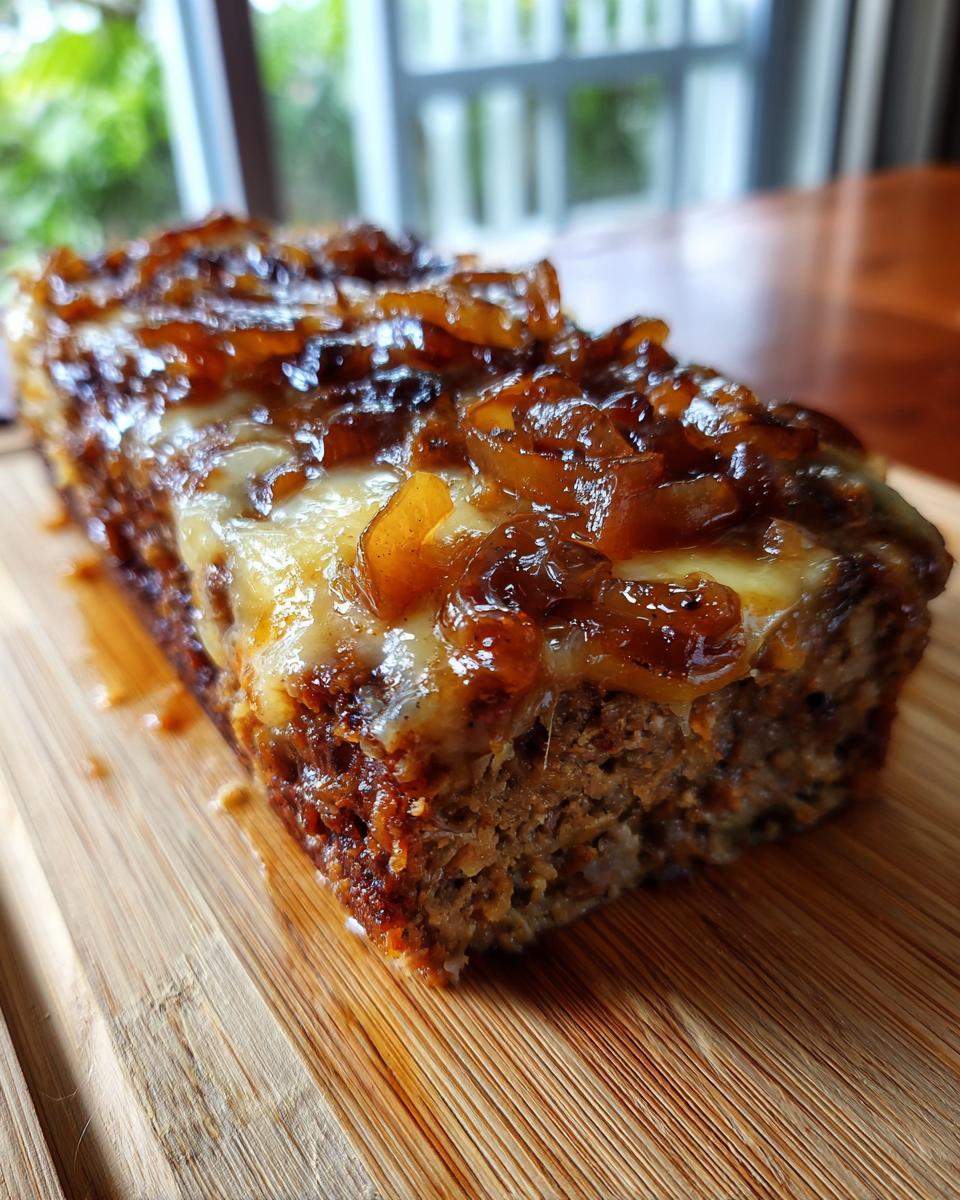 A close-up of a thick slice of French Onion Meatloaf topped with melted cheese and caramelized onions.