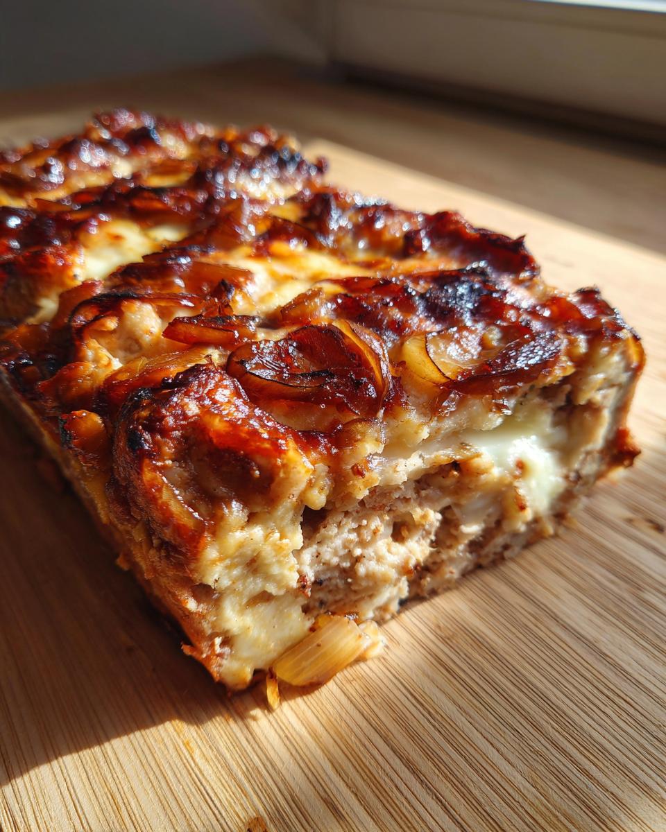 Close-up of a slice of French Onion Meatloaf, showing caramelized onions and melted cheese on top.