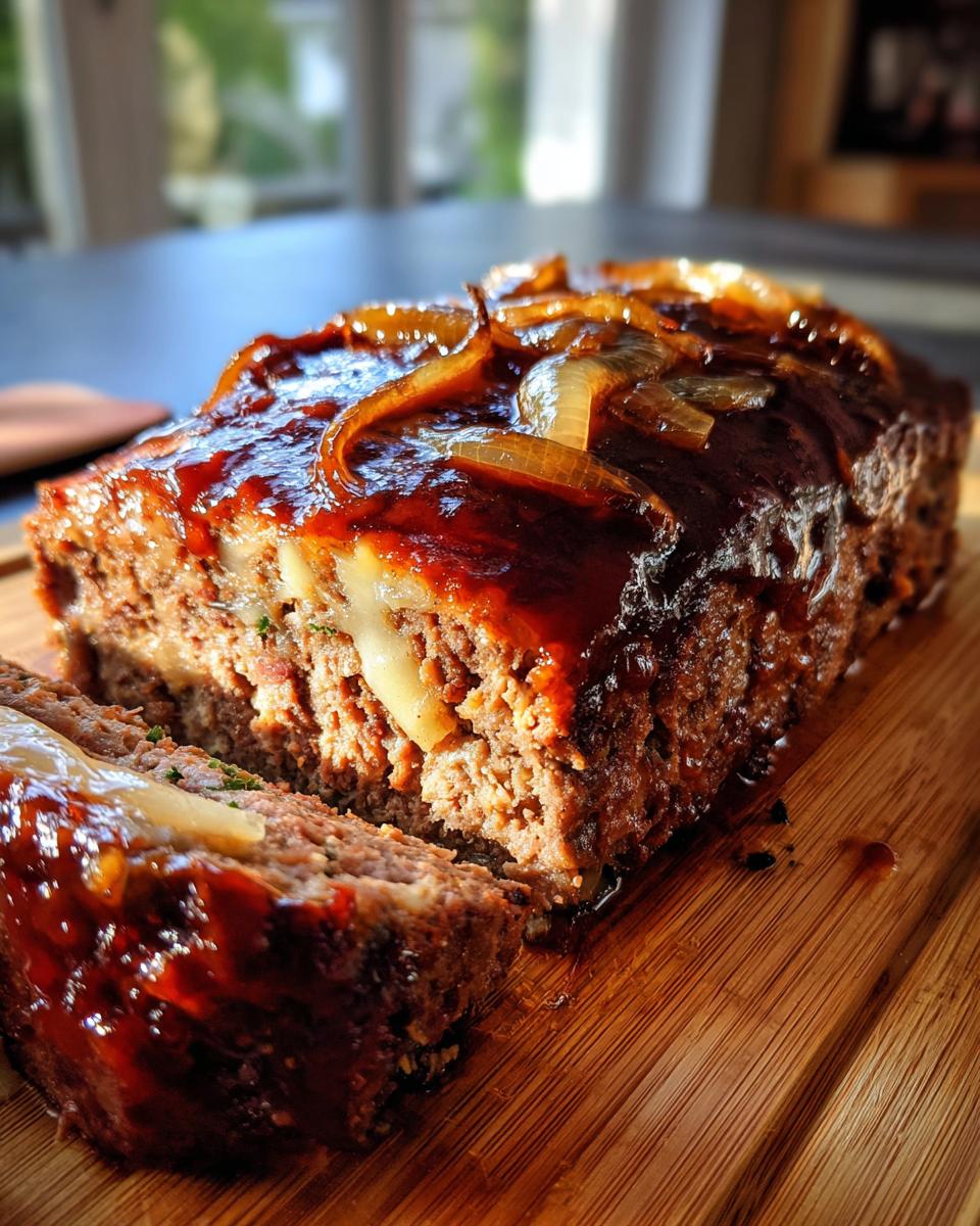 A slice of French Onion Meatloaf topped with glossy sauce and caramelized onions, showing melted cheese inside.