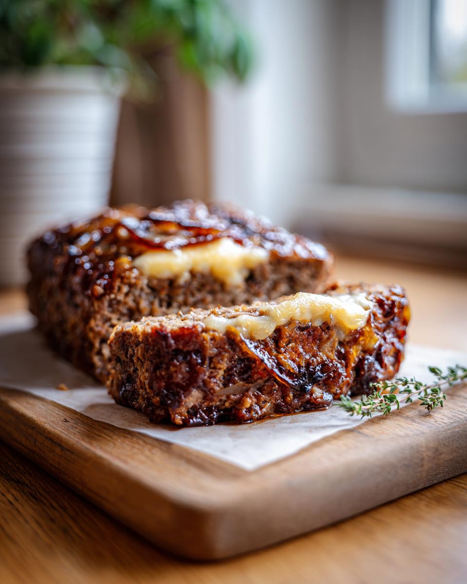 Close-up of a slice of French Onion Meatloaf with melted cheese and a glossy glaze.