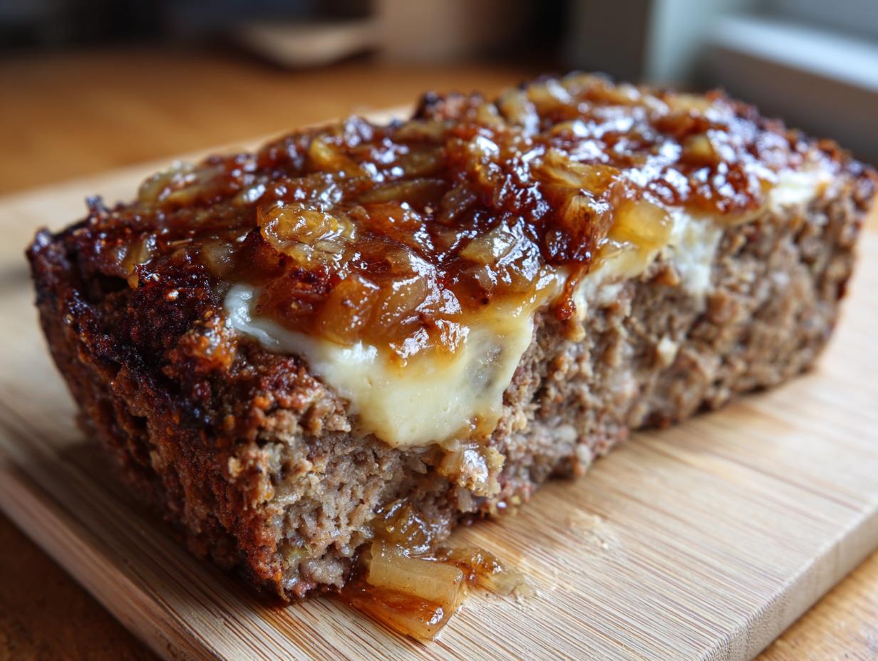 A close-up of a slice of French onion meatloaf, topped with melted cheese and caramelized onions.